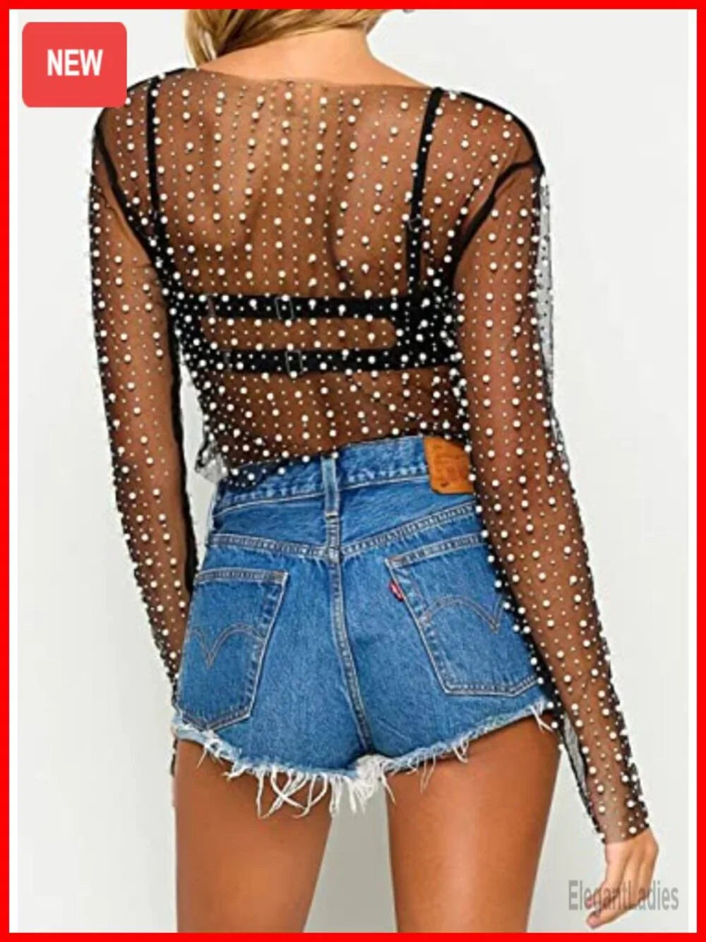 Pearl Rhinestone See Through Mesh Long Sleeve Crop Top Cover Up